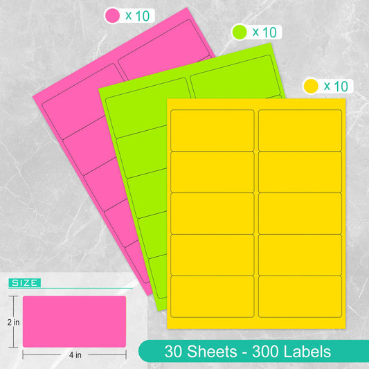 THEBLUETOUCH Neon Multi-Color Paper, Bright Fluorescent Stickers Handwritten or Inkjet/Laser Print Colored Labels, 2"X4" for Shipping Envelopes & Small Packages-Green, Yellow, Pink (30 Sheets 300 Labels)