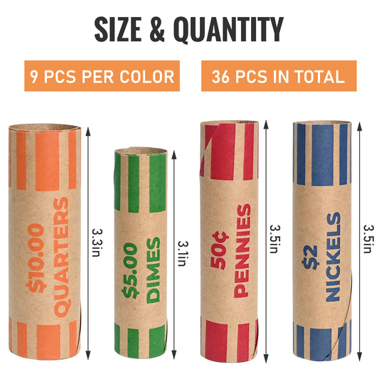 THEBLUETOUCH Preformed Coin Wrappers Rolls (36 Assorted) - Quarters, Pennies, Nickels and Dimes