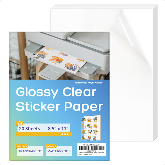 THEBLUETOUCH Clear Printable Vinyl Sticker Paper for Inkjet Printers – 8.5 x 11 Inches, 20 Sheets – Transparent Waterproof Sticker Sheets for DIY Labels