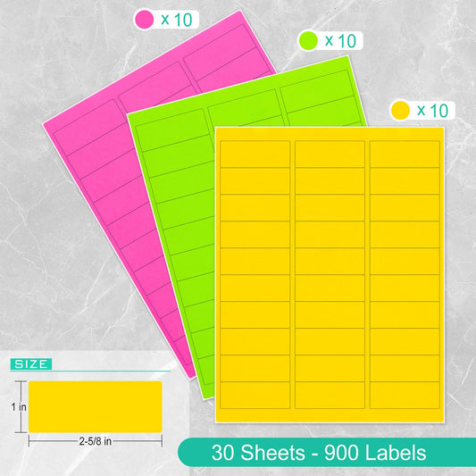 THEBLUETOUCH Neon Multi-Color Paper, Fluorescent Neon Labels Handwritten or Inkjet/Laser Colored Labels, 1" X 2-5/8" for Shipping Envelopes & Packages-Green, Yellow, Pink (30 Sheets 900 Labels)