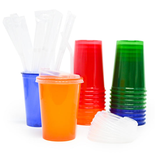 THEBLUETOUCH 12 Oz Disposable Plastic Cup with Lids and Straws, 4 Colours Assorted, Total 20 Count, Perfect for Picnic, Celebration and Holiday