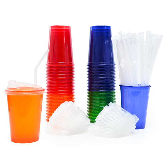 THEBLUETOUCH 12 Oz Disposable Plastic Cup with Lids and Straws, 4 Colours Assorted, Total 40 Count, Perfect for Picnic, Celebration and Holiday