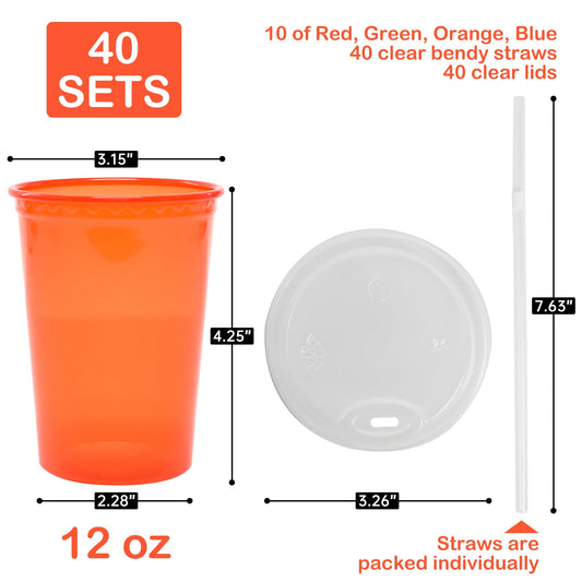 THEBLUETOUCH 12 Oz Disposable Plastic Cup with Lids and Straws, 4 Colours Assorted, Total 40 Count, Perfect for Picnic, Celebration and Holiday