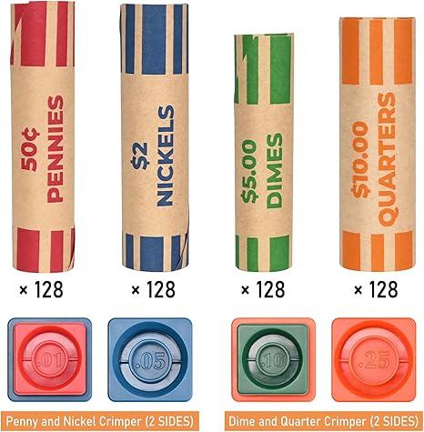 THEBLUETOUCH 512 Preformed Coin Roll Wrappers, Coin Wrapper Assorted with Crimped Edge Sealer - 128 Each for Pennies, Nickels, Dimes, Quarters