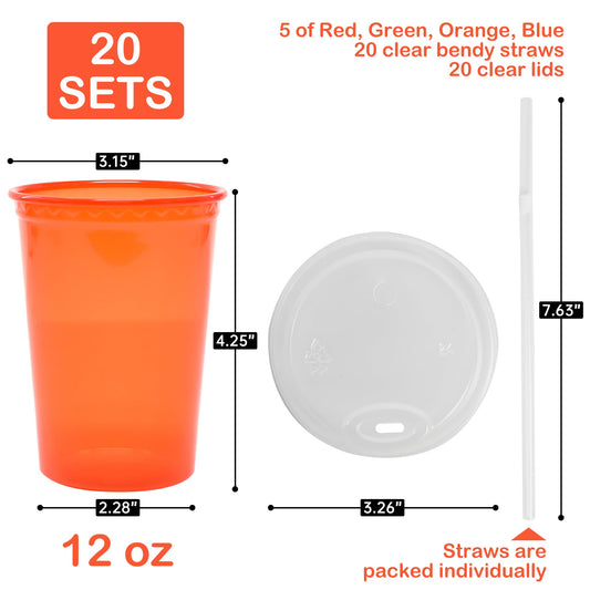 THE BLUE TOUCH 12 Oz Disposable Plastic Cup with Lids and Straws, 4 Colours Assorted, Total 200 Count, Perfect for Picnic, Celebration and Holiday