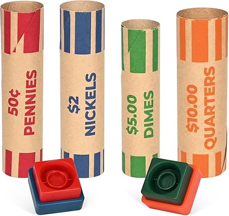 THEBLUETOUCH 512 Preformed Coin Roll Wrappers, Coin Wrapper Assorted with Crimped Edge Sealer - 128 Each for Pennies, Nickels, Dimes, Quarters