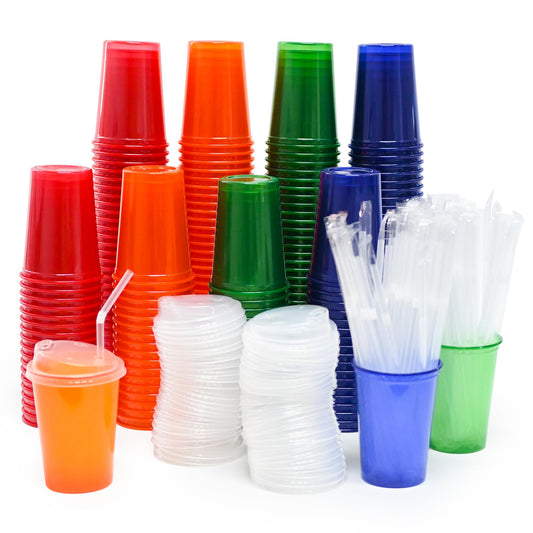 THE BLUE TOUCH 12 Oz Disposable Plastic Cup with Lids and Straws, 4 Colours Assorted, Total 200 Count, Perfect for Picnic, Celebration and Holiday