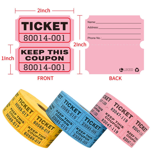 THEBLUETOUCH 1000 Per Roll 2" x 2" Tickets with Perforations and Consecutive Numbers for Events,Entry,Class ,Fundraiser -3 Rolls