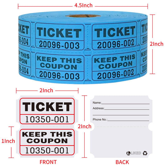 THEBLUETOUCH 1000 Per Roll 2" x 2" Tickets with Perforations and Consecutive Numbers for Events,Entry,Class Activity,Fundraiser -2 Rolls