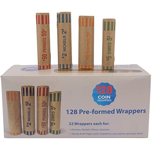 THEBLUETOUCH Preformed Coin Wrappers Rolls (128 Assorted) - Quarters, Pennies, Nickels and Dimes