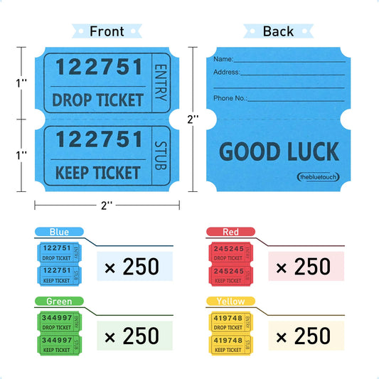 THEBLUETOUCH 2"x2" Raffle Tickets, Total 1000 Pcs with Consecutive Numbers in 4 Colors, Suitable for 50/50 Draws, Party Events, Prize Giveaways, Carnivals and Fundraisers